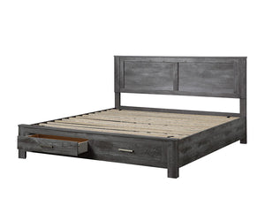 The Vidalia bedroom collection conveys the character of rugged simplicity in living close to nature while maintaining stylish comfort. This collection includes sturdy wood construction, rough sawed plank panels, all rustic gray oak finish. The storage bed