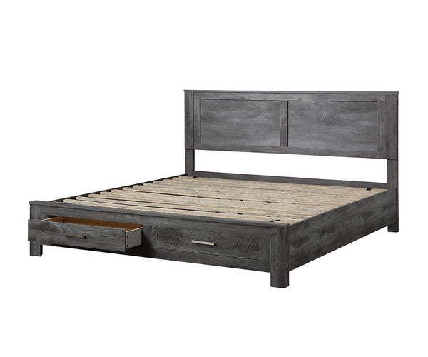 The Vidalia bedroom collection conveys the character of rugged simplicity in living close to nature while maintaining stylish comfort. This collection includes sturdy wood construction, rough sawed plank panels, all rustic gray oak finish. The storage bed