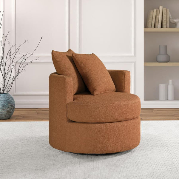  it-'s a compact silhouette with a round frame and pocket coil springs in its foam seat cushion
