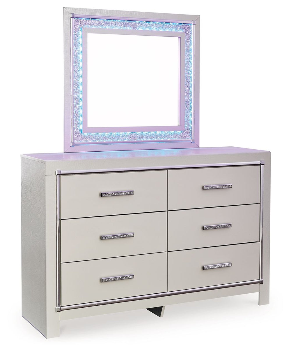 Bright, bold luxury. This dresser with mirror dazzles with its attention to detail. Your love of glamorous style is reflected in its all-over faux gator in a metallic finish, exquisitely paired with faceted chrome-tone details. Complete with LED lighting 
