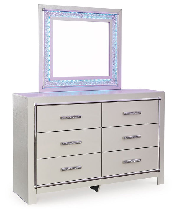 Bright, bold luxury. This dresser with mirror dazzles with its attention to detail. Your love of glamorous style is reflected in its all-over faux gator in a metallic finish, exquisitely paired with faceted chrome-tone details. Complete with LED lighting 