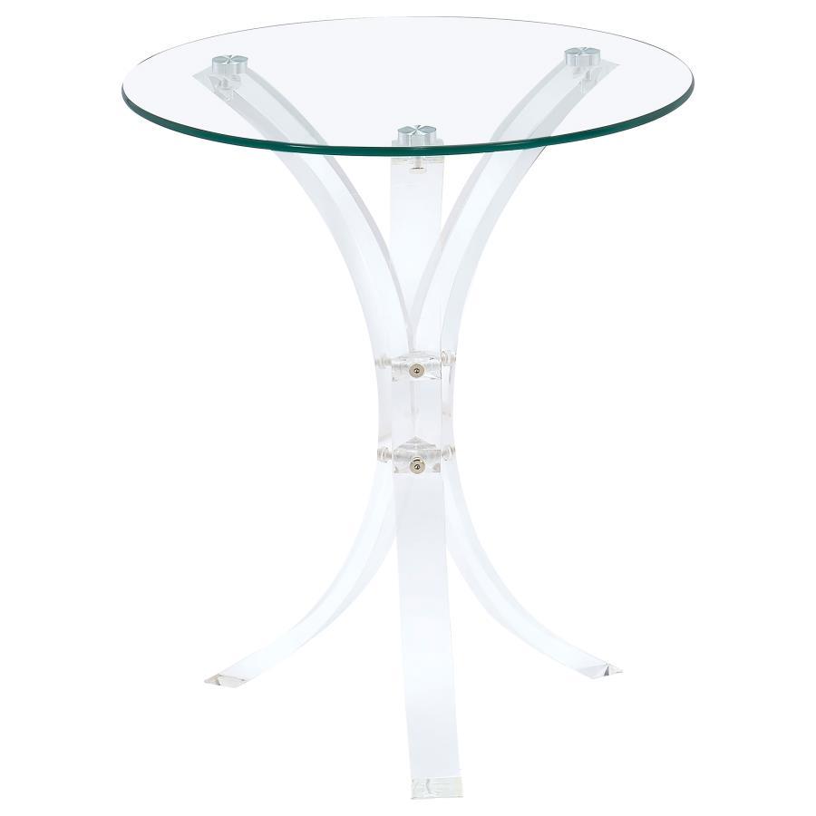 This contemporary side table exudes sophistication with its clear acrylic legs and tempered glass top. The round top is crafted from durable, scratch-resistant tempered glass, offering a sleek and practical surface for your living space. The clear acrylic