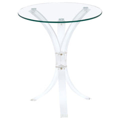 This contemporary side table exudes sophistication with its clear acrylic legs and tempered glass top. The round top is crafted from durable, scratch-resistant tempered glass, offering a sleek and practical surface for your living space. The clear acrylic