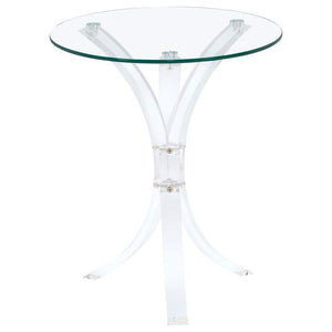 This contemporary side table exudes sophistication with its clear acrylic legs and tempered glass top. The round top is crafted from durable, scratch-resistant tempered glass, offering a sleek and practical surface for your living space. The clear acrylic