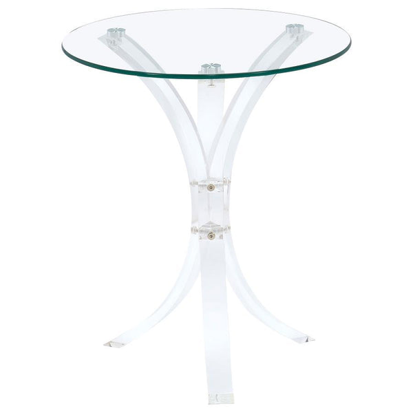 This contemporary side table exudes sophistication with its clear acrylic legs and tempered glass top. The round top is crafted from durable, scratch-resistant tempered glass, offering a sleek and practical surface for your living space. The clear acrylic