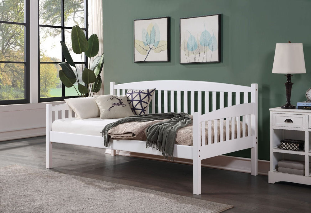 The Caryn daybed transitional collection is a great option for your guest room. Its multifunctional use offers comfortable lounging and cozy sleeping areas. Features slightly curved back, and side arms supported by slatted panels with square poster legs. 