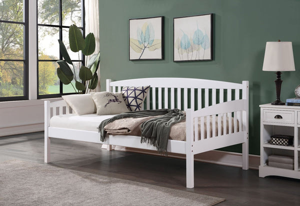 The Caryn daybed transitional collection is a great option for your guest room. Its multifunctional use offers comfortable lounging and cozy sleeping areas. Features slightly curved back, and side arms supported by slatted panels with square poster legs. 