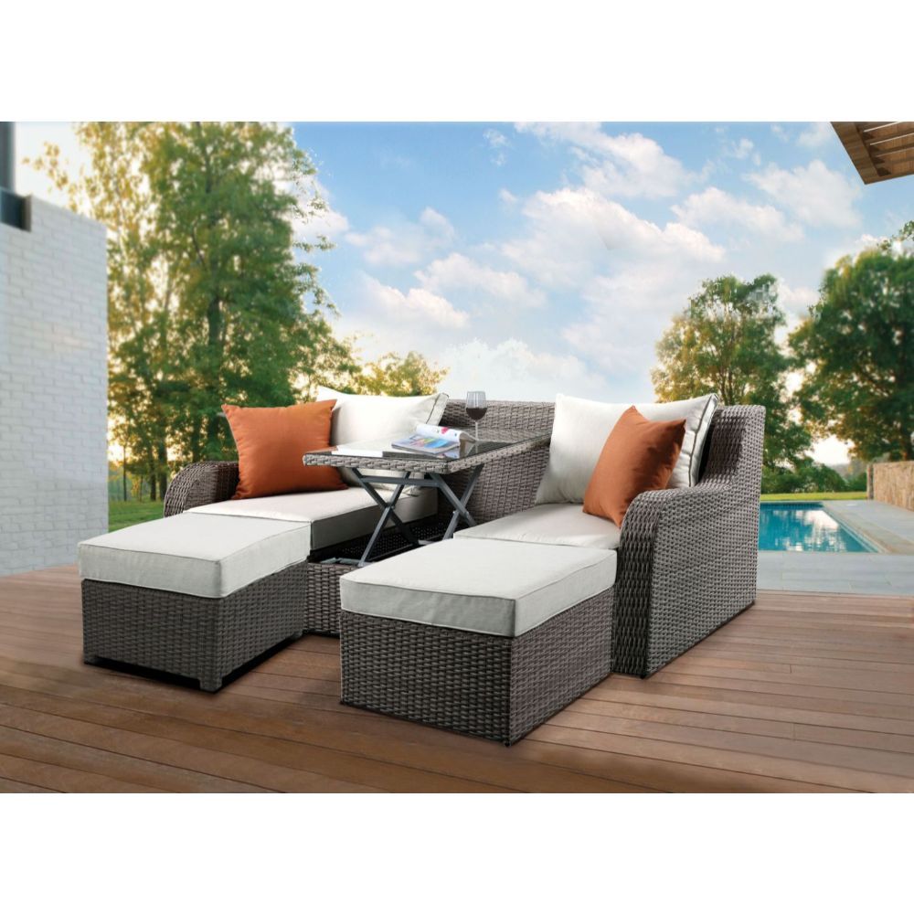 Modern classic styling paired with glamorous elements creates a unique addition to outdoor area in the Salena Collection. Beige fabric features subtle texture with a gray wicker outer body cloth providing visual interest. It comes with lift table top to a