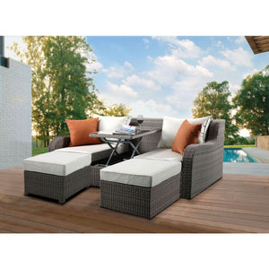Modern classic styling paired with glamorous elements creates a unique addition to outdoor area in the Salena Collection. Beige fabric features subtle texture with a gray wicker outer body cloth providing visual interest. It comes with lift table top to a