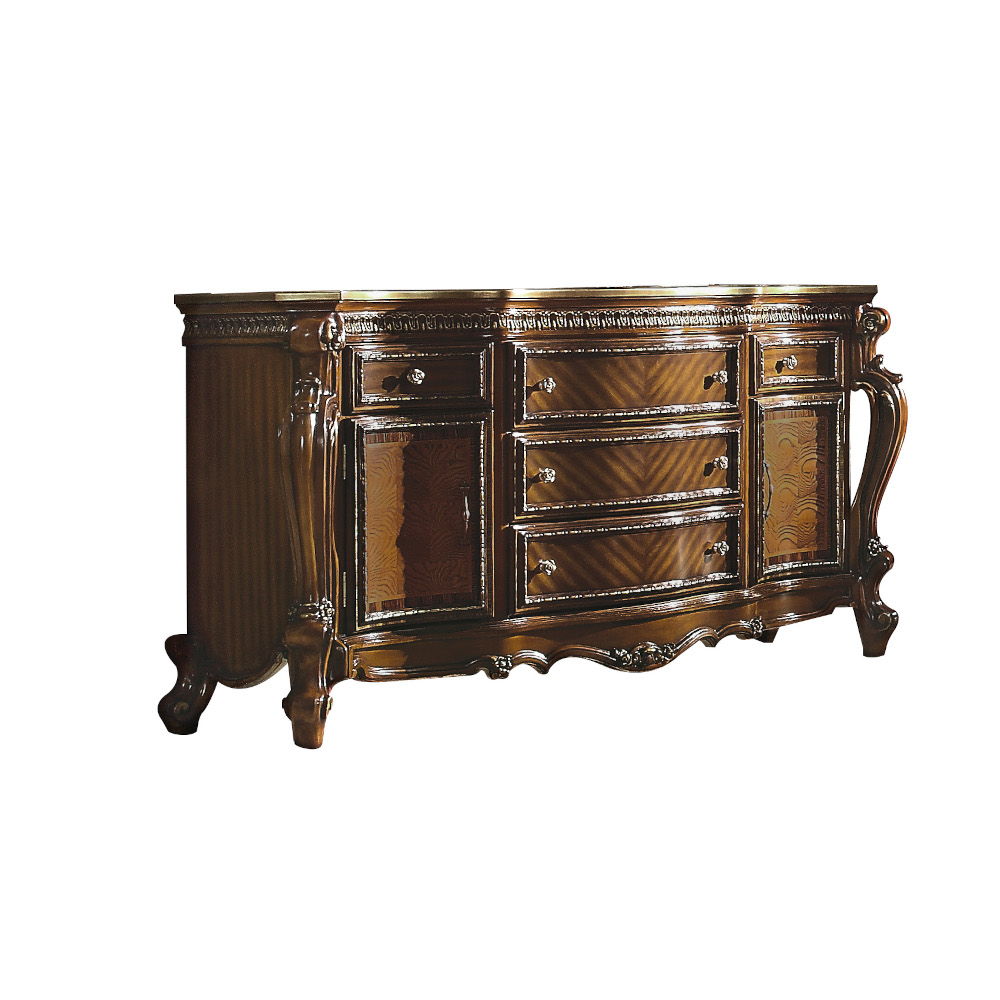 5 Drw & 2 Doors Drawer: GLIDE Side Metal (3 Ball Bearing, Full Ext.), DOVETAIL English Back, Felt-Lined All Drawers, Hardware: Knobs @ Drw (Single Small Drw & Double Large Drw), Handle @ Door, Metal Casegood: Bow-Front, Same Finish Top, Oversized Scrolled