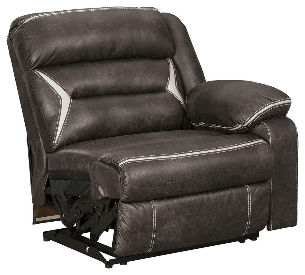 This right-arm facing power recliner is made with polyester/polyurethane upholstery. Pairs with other items in the series to make a sectional.<br><br><b>Additional Dimensions</b><br><ul><li>Arm height: 26.5-"</li><li>Distance between recliner and wall: 4-