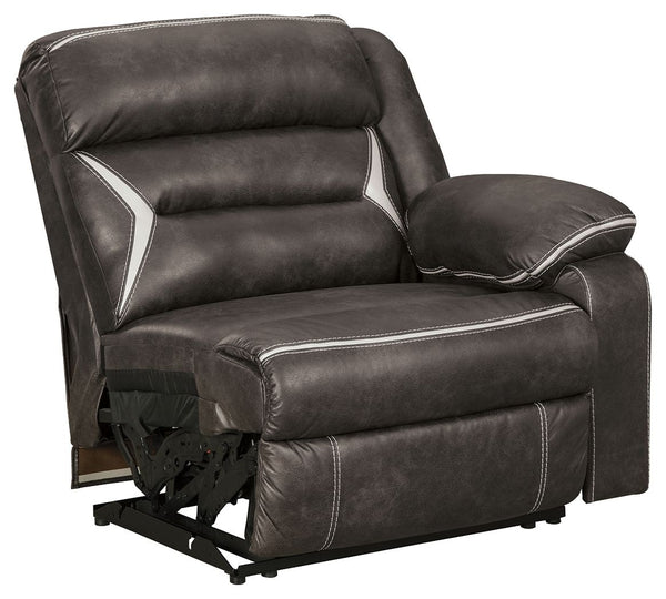 This right-arm facing power recliner is made with polyester/polyurethane upholstery. Pairs with other items in the series to make a sectional.<br><br><b>Additional Dimensions</b><br><ul><li>Arm height: 26.5-"</li><li>Distance between recliner and wall: 4-