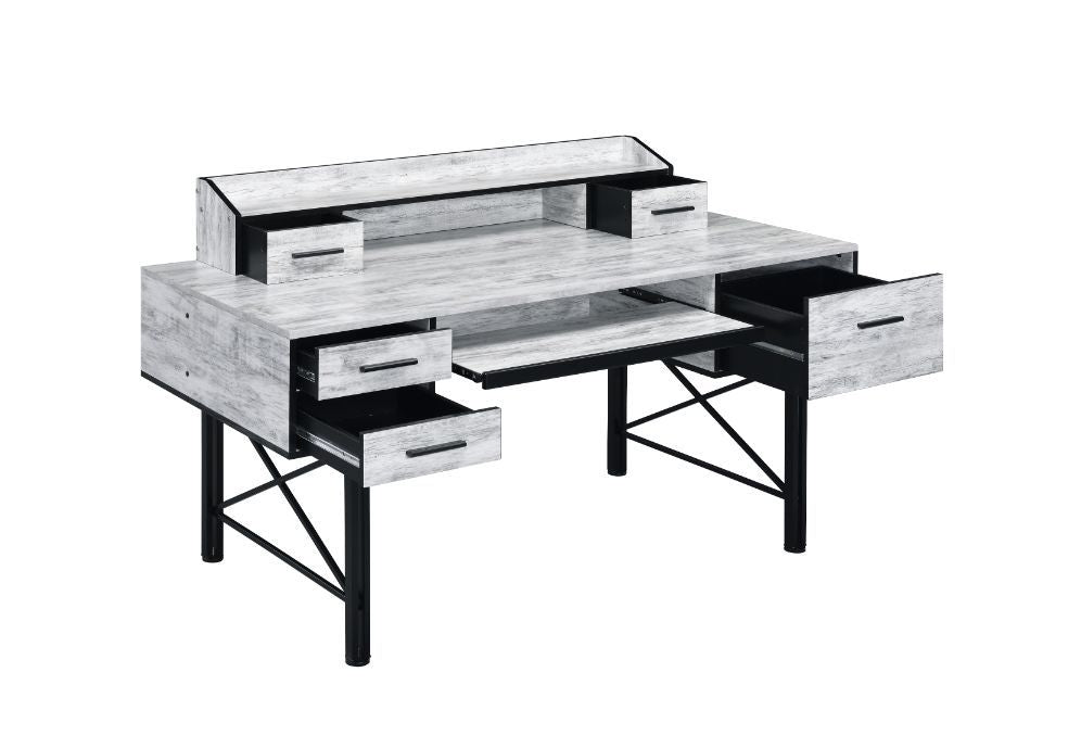 Highlighting a bold, stunning and gorgeous mix, the Safea Desk features rustic casegood paired with a double pedestal metal base for a interesting contrast. Above the desk, there is a low open hutch with two small drawers that allows you place a computer 