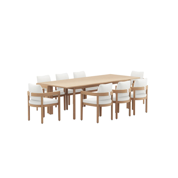 The Wesley 9-Piece Wood Patio Dining Set brings together comfort, durability, and style to create a warm, inviting space for outdoor gatherings. This set includes an extendable dining table and eight cushioned chairs, all crafted from FSC-certified Acacia