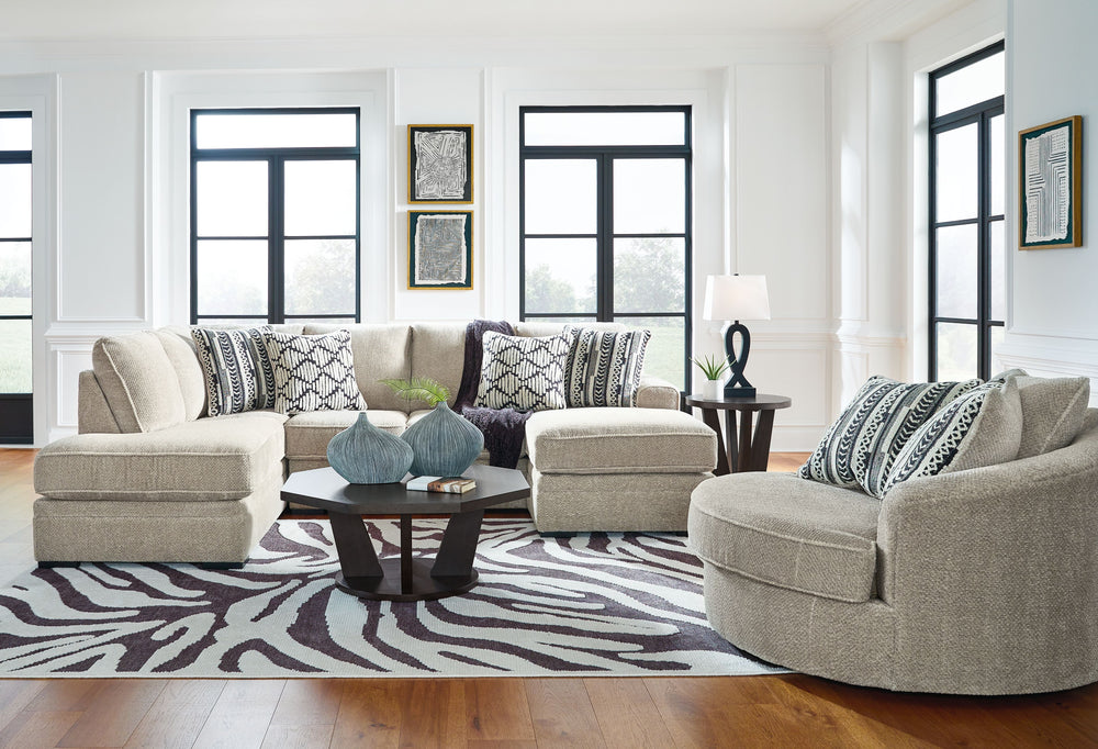 This set caters to your need for contemporary comfort. Itâ€™s decked out in feel-good fabric in a versatile hue. Family-friendly and ideal for hosts with the most, two chaises give more people the space the sprawl out. And the chair-'s 360-degree swivel m