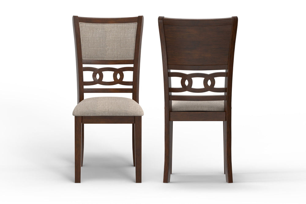 Enhance your dining space with this set of two New Classic Gia Wood Dining Chairs in a rich brown cherry finish. Crafted from solid Rubberwood and Mindi veneers, these chairs offer a perfect blend of durability and aesthetic appeal. The brown cherry finis