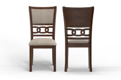 Enhance your dining space with this set of two New Classic Gia Wood Dining Chairs in a rich brown cherry finish. Crafted from solid Rubberwood and Mindi veneers, these chairs offer a perfect blend of durability and aesthetic appeal. The brown cherry finis