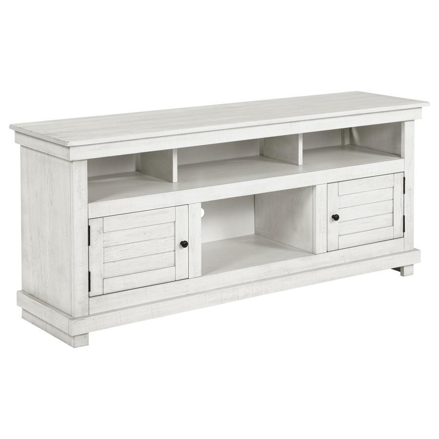 Complete a media center in your inviting home with a modern farmhouse TV stand. It-'s an approachable design with roughhewn wood details that create texture and dimensionality in your living space. Two shelves and six compartments create ample storage, pe