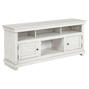 Complete a media center in your inviting home with a modern farmhouse TV stand. It-'s an approachable design with roughhewn wood details that create texture and dimensionality in your living space. Two shelves and six compartments create ample storage, pe