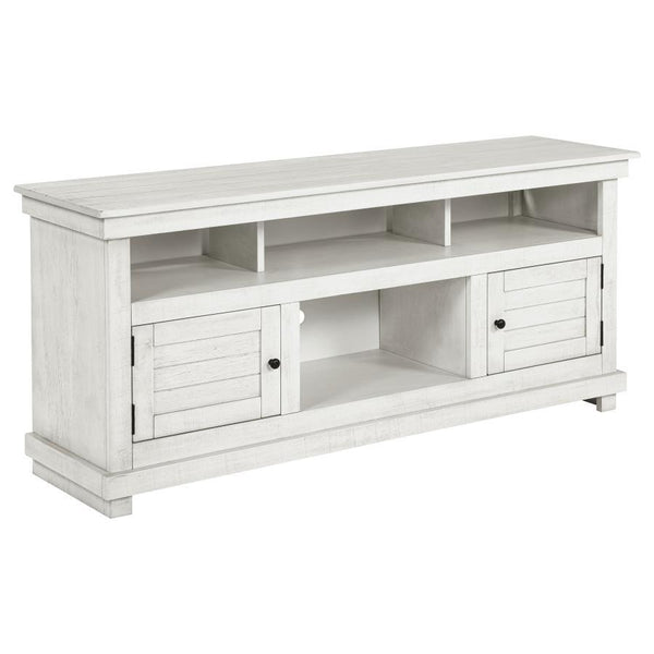 Complete a media center in your inviting home with a modern farmhouse TV stand. It-'s an approachable design with roughhewn wood details that create texture and dimensionality in your living space. Two shelves and six compartments create ample storage, pe