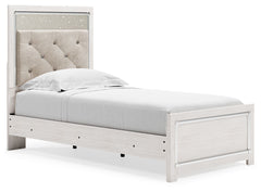 The epitome of fashion-forward design, this twin panel bed is a beautiful blend of comfort and luxury. Shiny chrome-tone accents, a pearlized finish and button-tufted upholstery bring a glam touch to the richly rustic appearance. Remote-controlled LED lig