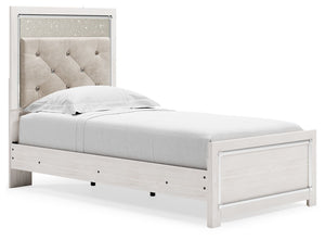 The epitome of fashion-forward design, this twin panel bed is a beautiful blend of comfort and luxury. Shiny chrome-tone accents, a pearlized finish and button-tufted upholstery bring a glam touch to the richly rustic appearance. Remote-controlled LED lig