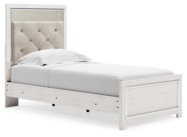 The epitome of fashion-forward design, this twin panel bed is a beautiful blend of comfort and luxury. Shiny chrome-tone accents, a pearlized finish and button-tufted upholstery bring a glam touch to the richly rustic appearance. Remote-controlled LED lig