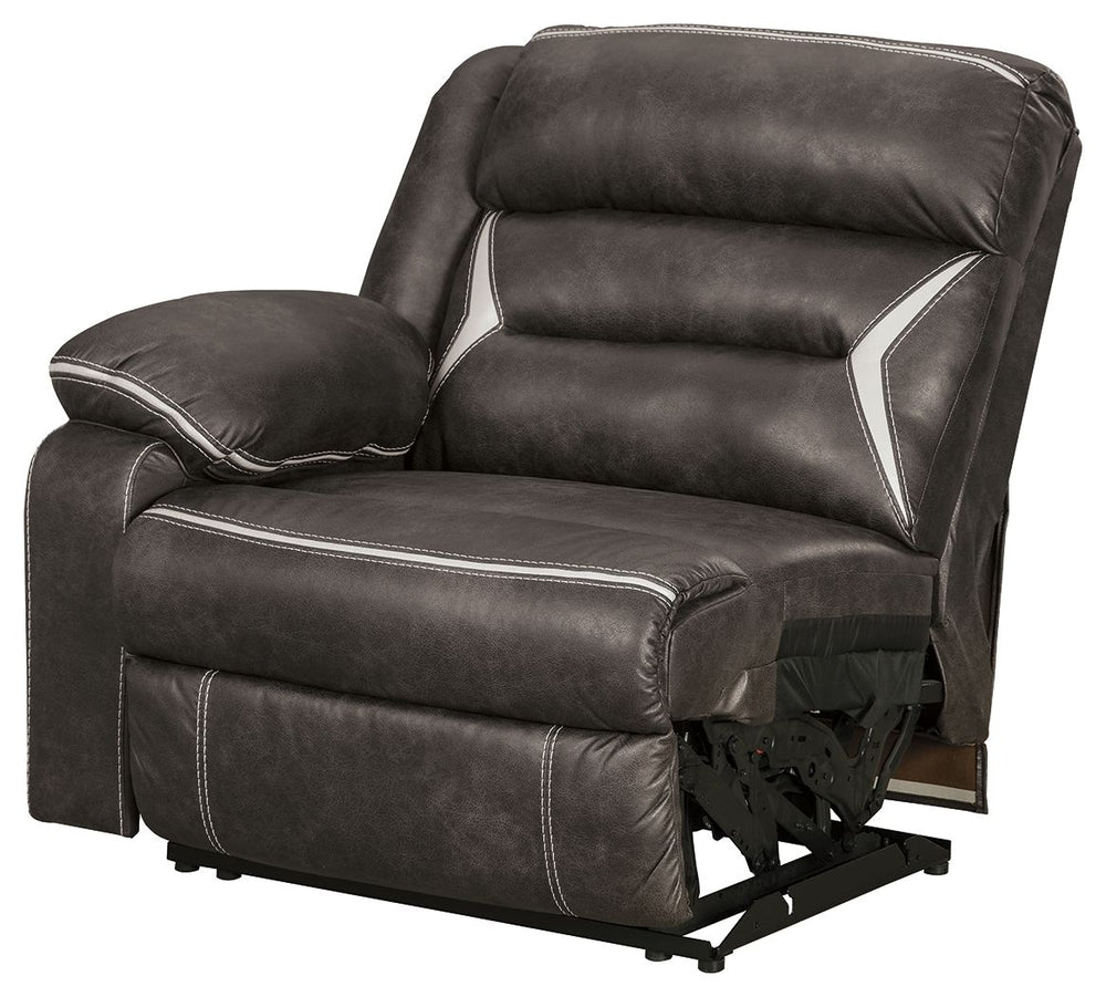 This left-arm facing power recliner is made with polyester/polyurethane upholstery. Pairs with other items in the series to make a sectional.<br><br><b>Additional Dimensions</b><br><ul><li>Arm height: 26.5-"</li><li>Distance between recliner and wall: 4-"