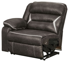 This left-arm facing power recliner is made with polyester/polyurethane upholstery. Pairs with other items in the series to make a sectional.<br><br><b>Additional Dimensions</b><br><ul><li>Arm height: 26.5-"</li><li>Distance between recliner and wall: 4-"