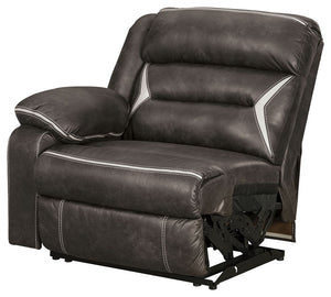 This left-arm facing power recliner is made with polyester/polyurethane upholstery. Pairs with other items in the series to make a sectional.<br><br><b>Additional Dimensions</b><br><ul><li>Arm height: 26.5-"</li><li>Distance between recliner and wall: 4-"