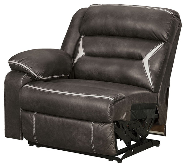 This left-arm facing power recliner is made with polyester/polyurethane upholstery. Pairs with other items in the series to make a sectional.<br><br><b>Additional Dimensions</b><br><ul><li>Arm height: 26.5-"</li><li>Distance between recliner and wall: 4-"