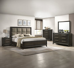 This contemporary bedroom set boasts a sophisticated aesthetic, characterized by its deep espresso finish that speaks to modern tastes. The clean-lined bed features an elegantly tufted headboard, offering both comfort and style, and is complemented by str