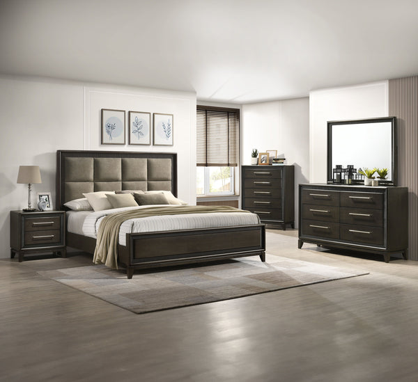 This contemporary bedroom set boasts a sophisticated aesthetic, characterized by its deep espresso finish that speaks to modern tastes. The clean-lined bed features an elegantly tufted headboard, offering both comfort and style, and is complemented by str