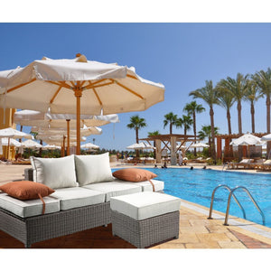 Modern classic styling paired with glamorous elements creates a unique addition to outdoor area in the Salena Collection. Beige fabric features subtle texture with a gray wicker outer body cloth providing visual interest. It comes with accent pillows and 