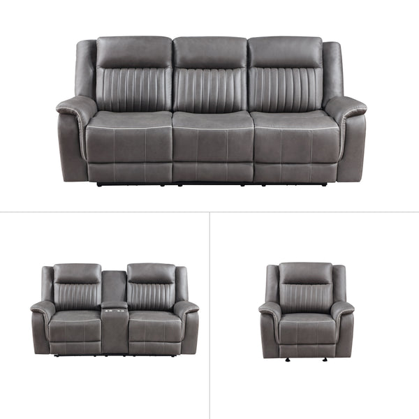 Meet the Enzo 3 Piece Motion Upholstery Collection, comprising a Reclining Sofa, Console Loveseat, and Recliner, meticulously crafted for enduring comfort and style in your living space. With hardwood and manufactured wood frames, coil spring cushions wra