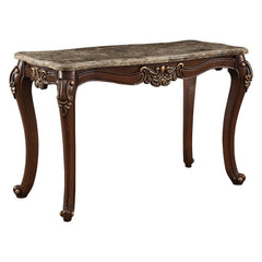 KD, Rectangular Leg Sofa Table â€¢ No Storage (Open Base) â€¢ Scalloped Marble Top: Turkey Import Marble with MDF â€¢ Wooden Scalloped Apron with Carved Floral Motifs: Contrast Gold-Brush Accent, Poplar Wood â€¢ Wooden Queen Anne Legs: Contrast Gold-Brush