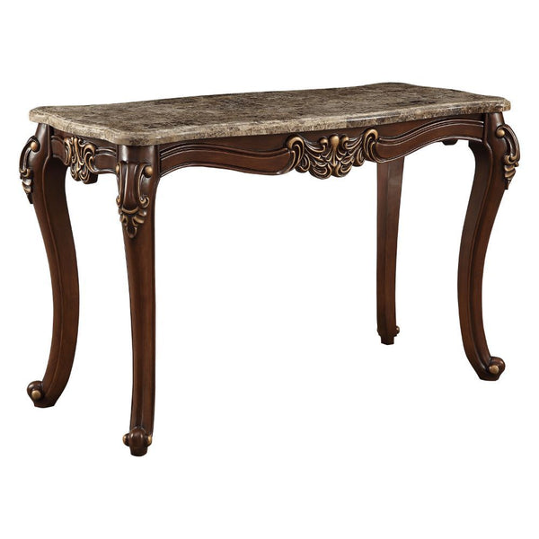KD, Rectangular Leg Sofa Table â€¢ No Storage (Open Base) â€¢ Scalloped Marble Top: Turkey Import Marble with MDF â€¢ Wooden Scalloped Apron with Carved Floral Motifs: Contrast Gold-Brush Accent, Poplar Wood â€¢ Wooden Queen Anne Legs: Contrast Gold-Brush