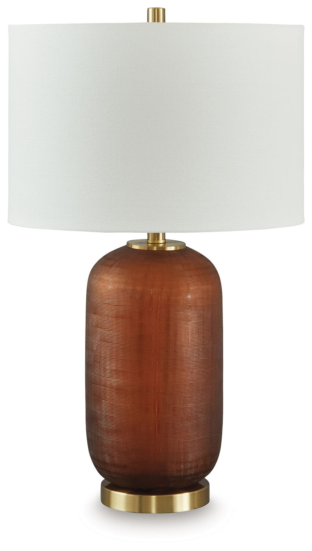 Clearly a contemporary choice. This table lamp wows with understated elegance, thanks to its rich amber-hued glass base enhanced with goldtone accents. Whether your decor is modern or eclectic, you-'ll love how it lightens the mood and brightens a space.<