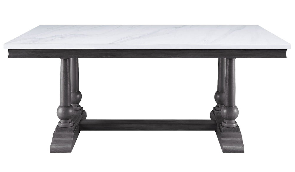 Gracefully crafted from wood in a muted, earthy gray oak finish, the dining table features a sturdy trestle base inspired by classical architecture aesthetic. White artificial marble top on the wooden frame creates a stunning two-tone design, providing ti