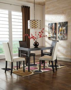 Made with select veneers and hardwood solids in a dark brown finish. Choice of ivory (-01) or brown faux leather (-02) seat cover. Beige fabric (-05), gray fabric (-06). Smaller apartment scaled tables in regular and counter heights. <h4><b>Kimonte - Dark
