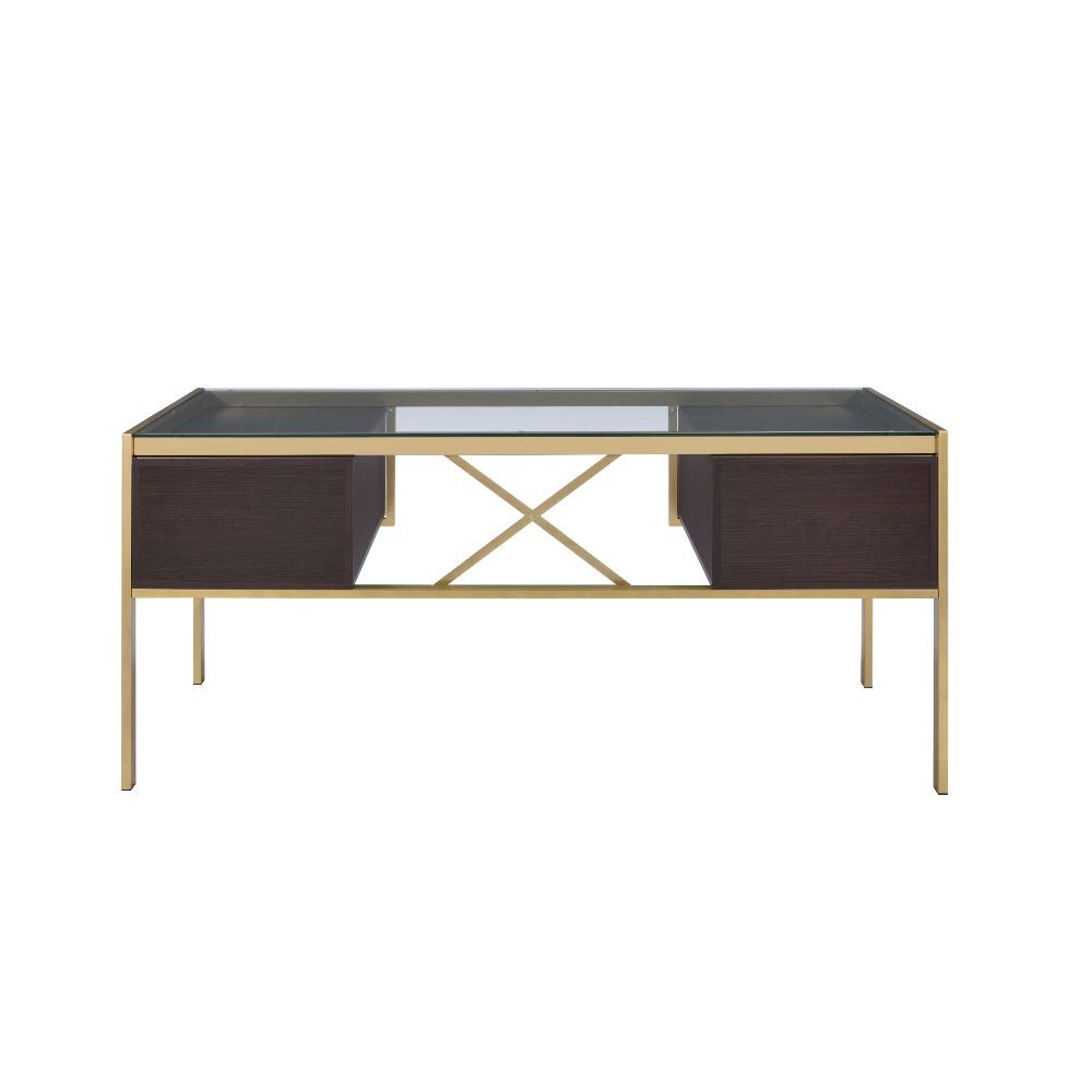 The industrial and classic design of the Yumia desk creates a spacious work area. The drawers maximize your space and your options in classic style, while keeping all your essentials neatly and safely tucked away. The gold finish and tempered glass top, a