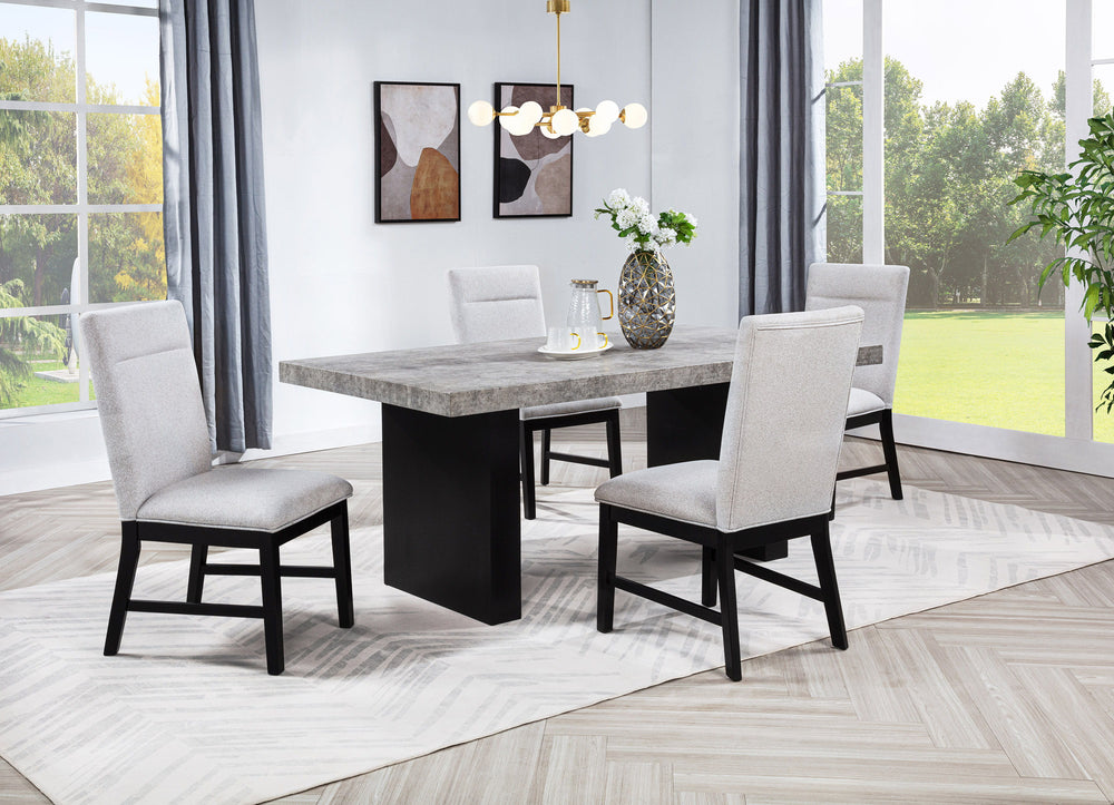 Elevate your dining experience with this contemporary ensemble that perfectly balances style and functionality. Featuring a bold, concrete-inspired tabletop and sleek black supports, this centerpiece is both striking and durable, ideal for modern living. 