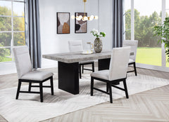 Elevate your dining experience with this contemporary ensemble that perfectly balances style and functionality. Featuring a bold, concrete-inspired tabletop and sleek black supports, this centerpiece is both striking and durable, ideal for modern living. 