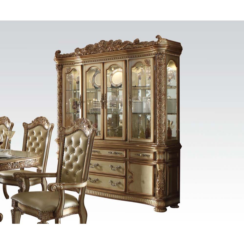 Hutch & Buffet Hutch: Touch Light, 4 Glass Doors (2 glass Shelves Inside), Oversized Crown Buffet: 5 Drw & 2 Wooden Doors (KD Leg) Drawer: GLIDE Side Metal (Ball Bearing), DOVETAIL English Back Only, Felt Line All Drawers<br/><br/><b>Product Features</b><