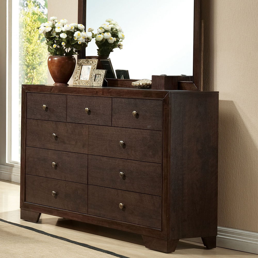 This Madison casual 9-drawer dresser in espresso contrives to be unique and familiar at the same time. The generous sized case piece is ideal for storing your clothing and features round espresso knobs. All drawers have English dovetail with center metal 