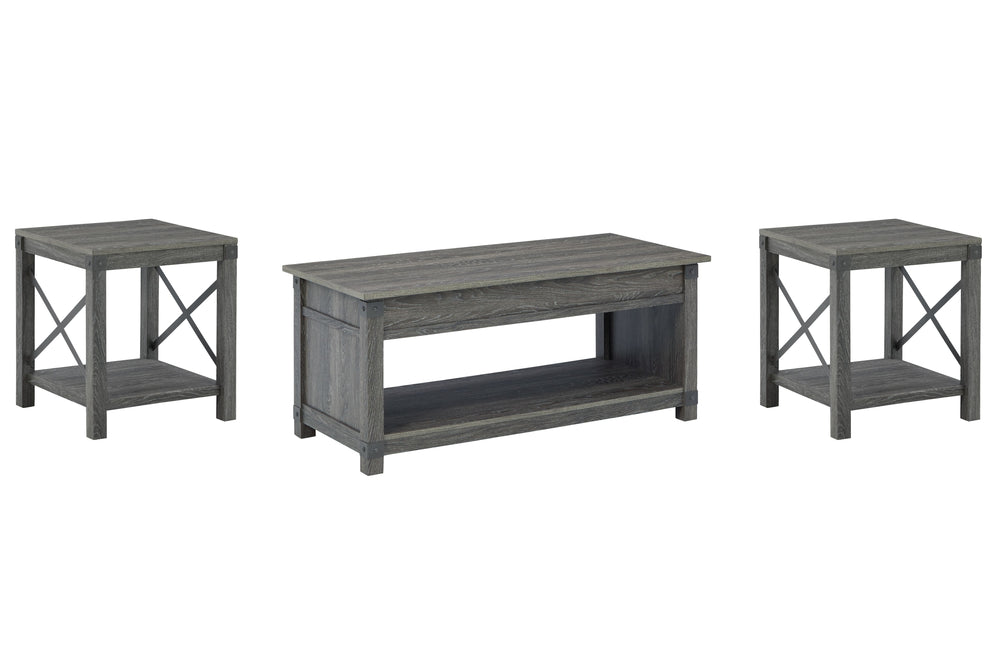 Raise the bar on modern farmhouse design with this accent table set. Sporting a grayish brown replicated wood grain effect, the coffee table-'s handy spring-loaded mechanism brings the tabletop closer to you. This versatile table makes it easier than ever