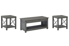 Raise the bar on modern farmhouse design with this accent table set. Sporting a grayish brown replicated wood grain effect, the coffee table-'s handy spring-loaded mechanism brings the tabletop closer to you. This versatile table makes it easier than ever