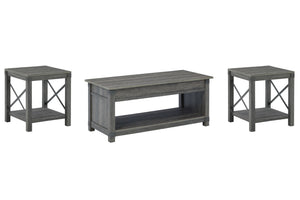 Raise the bar on modern farmhouse design with this accent table set. Sporting a grayish brown replicated wood grain effect, the coffee table-'s handy spring-loaded mechanism brings the tabletop closer to you. This versatile table makes it easier than ever
