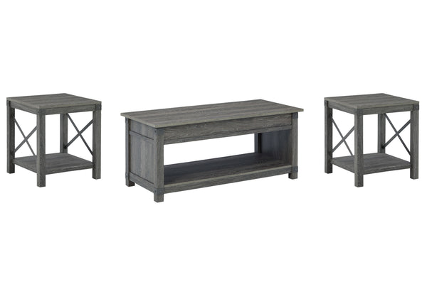 Raise the bar on modern farmhouse design with this accent table set. Sporting a grayish brown replicated wood grain effect, the coffee table-'s handy spring-loaded mechanism brings the tabletop closer to you. This versatile table makes it easier than ever