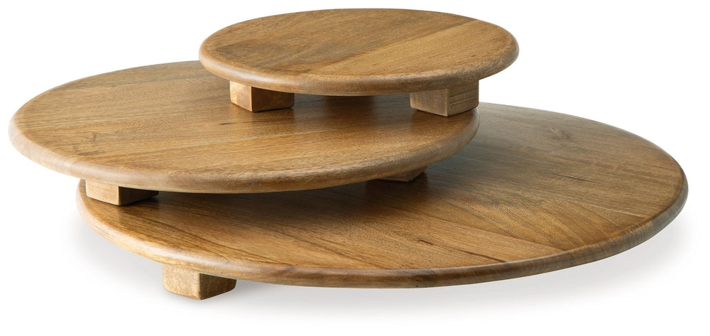 Serving up style has never looked so chic. Naturally beautiful, this tray set impresses with honey-hued wood full of warm, rich character. With three different sizes, you can use the tray that best suits your charcuterie board or hors d-'oeuvres spread. O